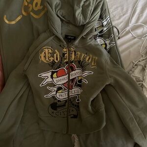 Ed Hardy Olive Hoodie with Heart Graphic